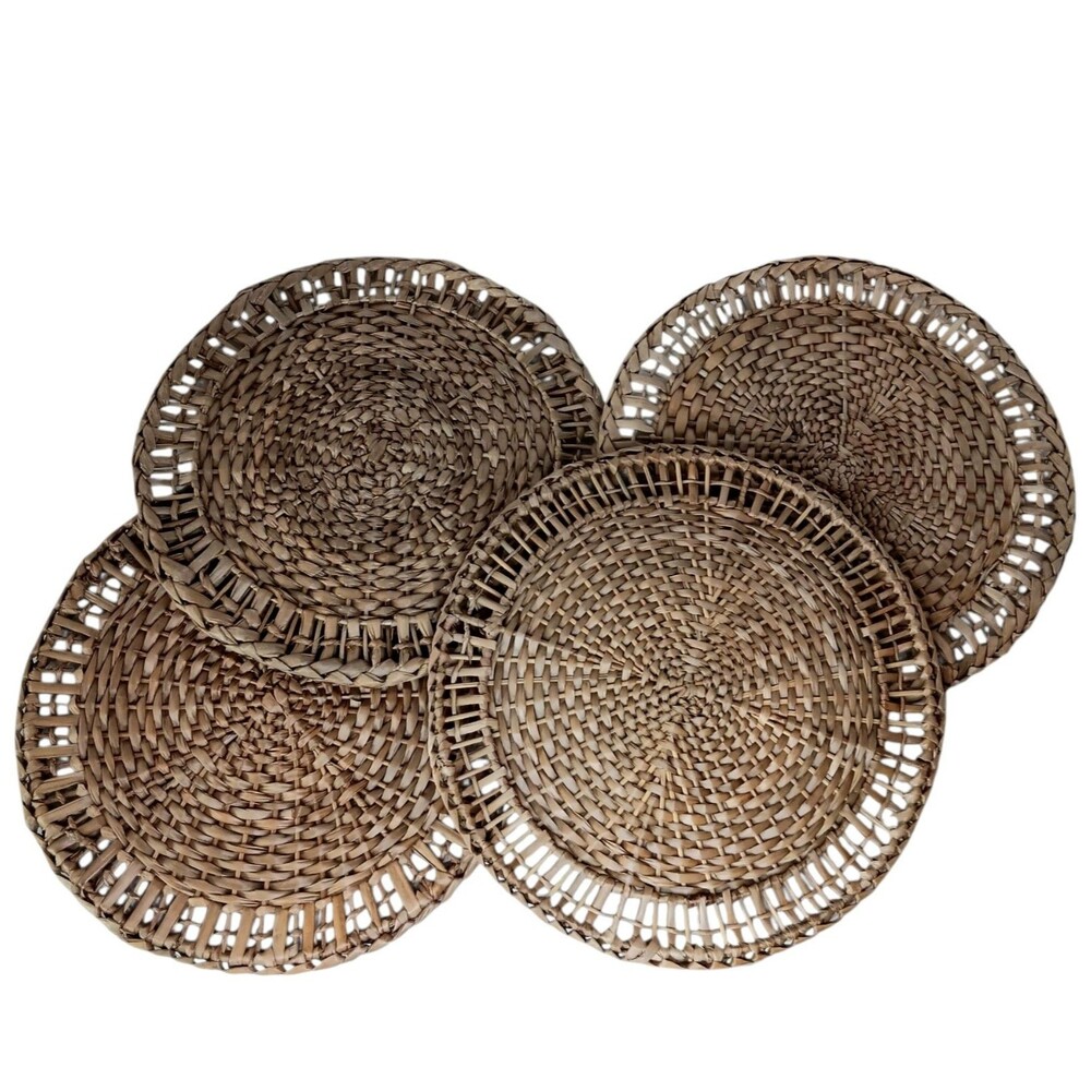 Set Of Four Brown Woven Rattan Placemats Charger Plates Open Weave Design 13"